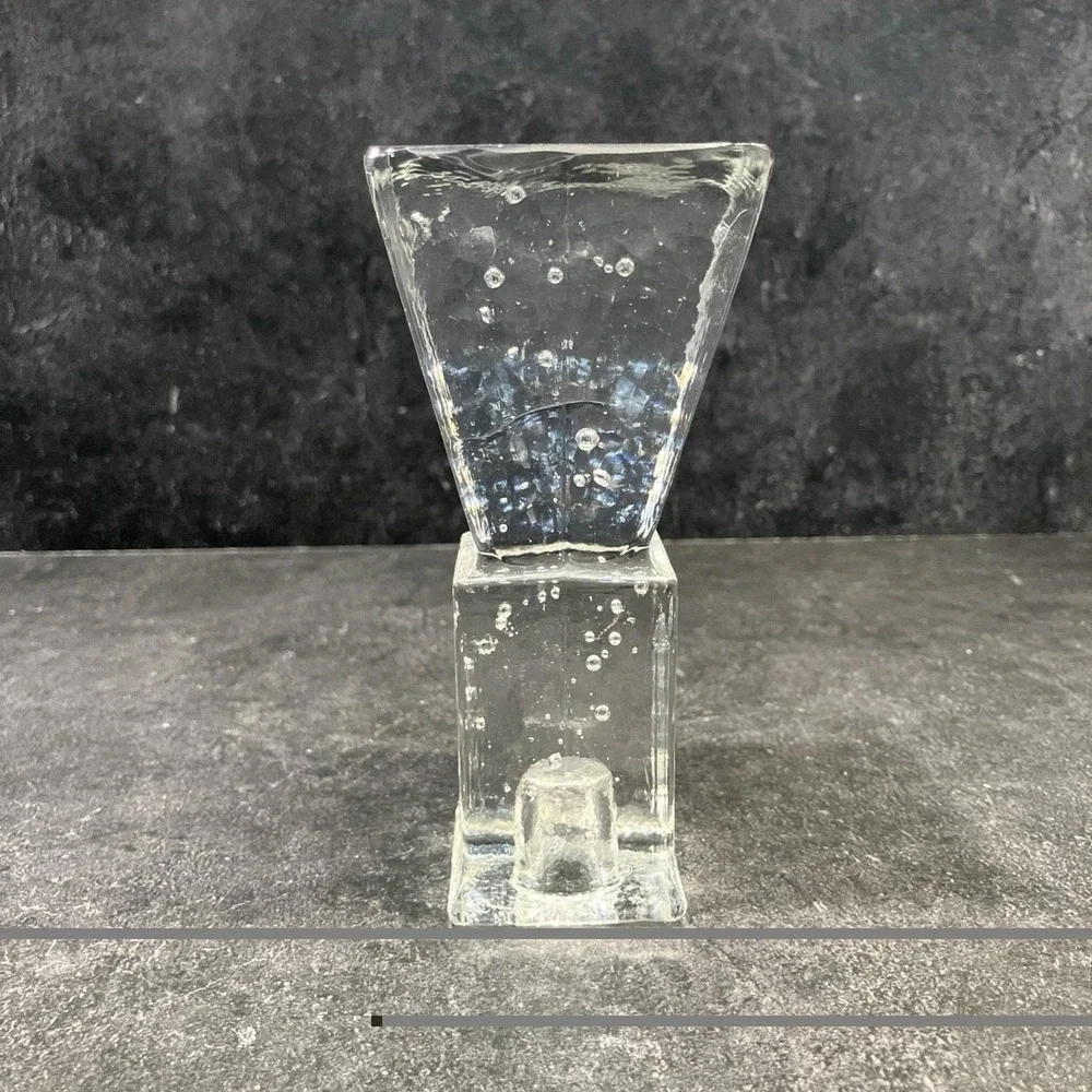Scandinavian Ice Block Glass Candle Holder Brutalist Bubble Crystal MCM Vintage